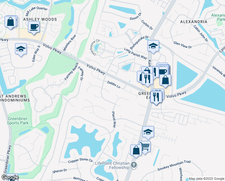 map of restaurants, bars, coffee shops, grocery stores, and more near 1210 Pebble Rock Court in Chesapeake