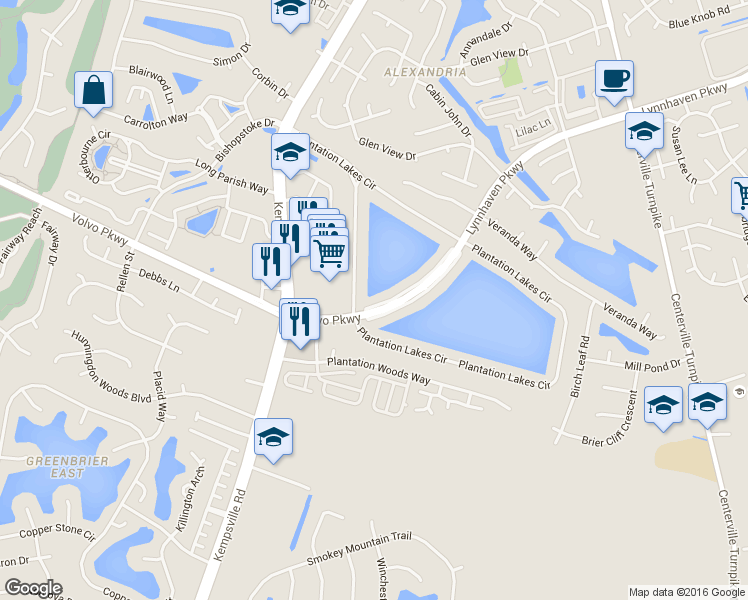map of restaurants, bars, coffee shops, grocery stores, and more near 1714 Volvo Parkway in Chesapeake