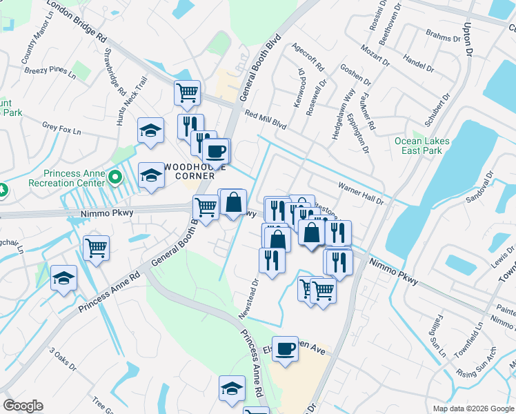 map of restaurants, bars, coffee shops, grocery stores, and more near 1296 Warner Hall Road in Virginia Beach