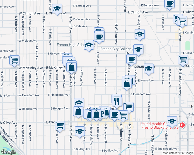 map of restaurants, bars, coffee shops, grocery stores, and more near 605 East Home Avenue in Fresno