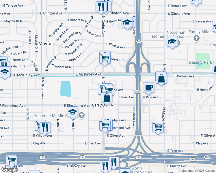 map of restaurants, bars, coffee shops, grocery stores, and more near 1513 North Archie Avenue in Fresno