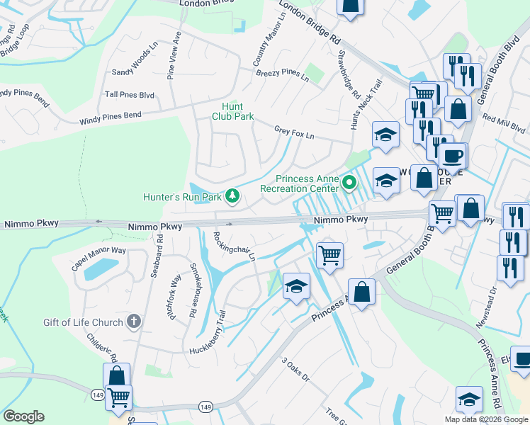 map of restaurants, bars, coffee shops, grocery stores, and more near 2104 Silver Oaks Court in Virginia Beach