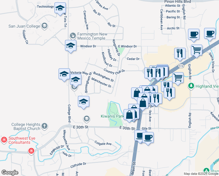 map of restaurants, bars, coffee shops, grocery stores, and more near 3929 Manchester Street in Farmington
