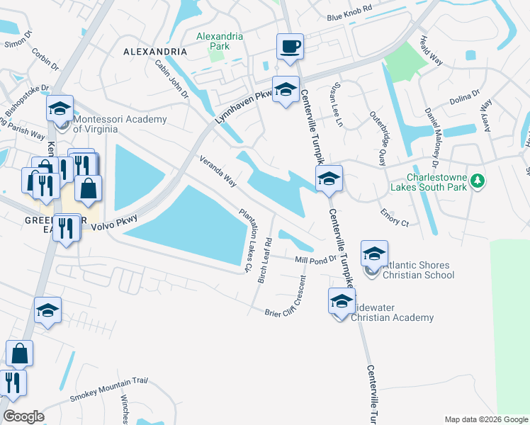 map of restaurants, bars, coffee shops, grocery stores, and more near 1237 Veranda Way in Chesapeake
