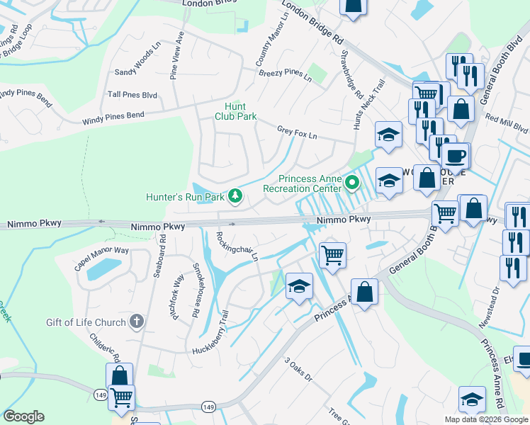 map of restaurants, bars, coffee shops, grocery stores, and more near 2104 Silver Oaks Court in Virginia Beach