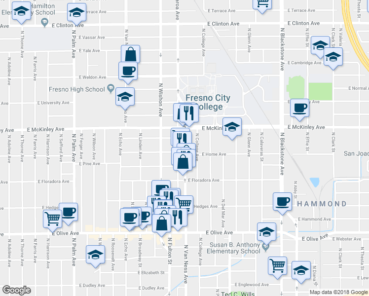 map of restaurants, bars, coffee shops, grocery stores, and more near 1517 North Van Ness Avenue in Fresno