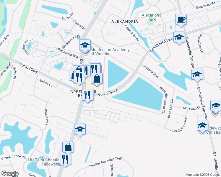 map of restaurants, bars, coffee shops, grocery stores, and more near 1714 Volvo Pkwy Service Road in Chesapeake