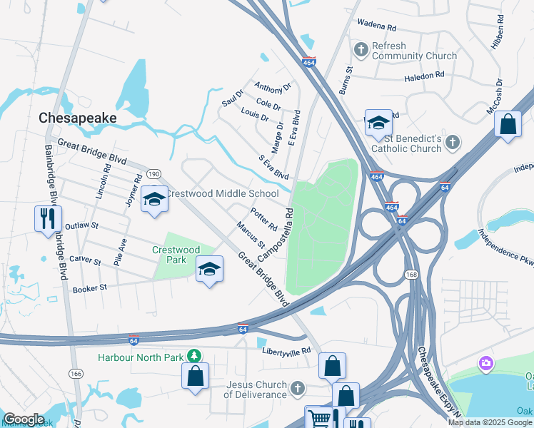 map of restaurants, bars, coffee shops, grocery stores, and more near 712 Potter Road in Chesapeake