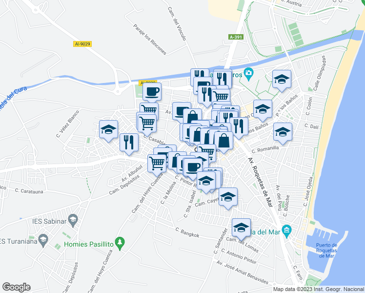 map of restaurants, bars, coffee shops, grocery stores, and more near 57 Avenida Pablo Picasso in Roquetas de Mar