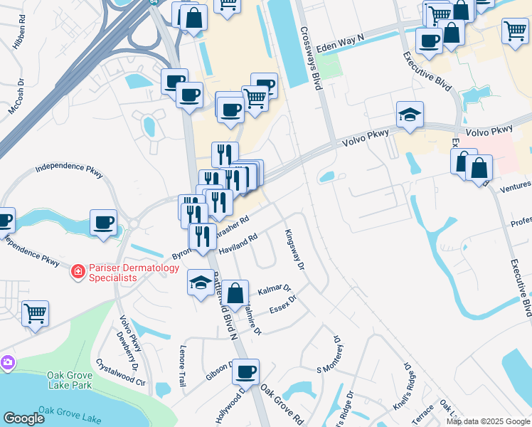 map of restaurants, bars, coffee shops, grocery stores, and more near 151 Thrasher Road in Chesapeake