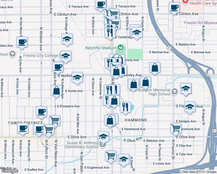 map of restaurants, bars, coffee shops, grocery stores, and more near 1661 East Home Avenue in Fresno