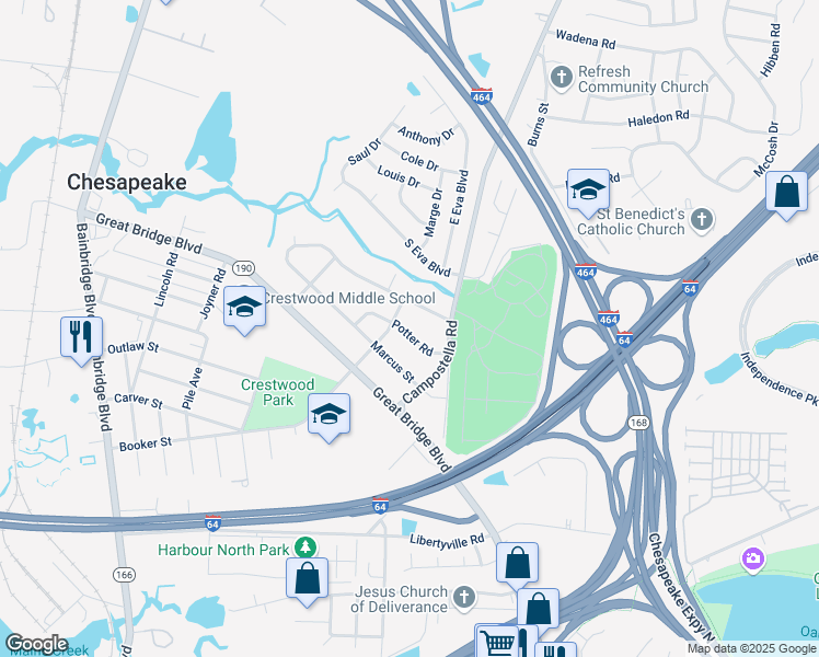 map of restaurants, bars, coffee shops, grocery stores, and more near 708 Potter Road in Chesapeake