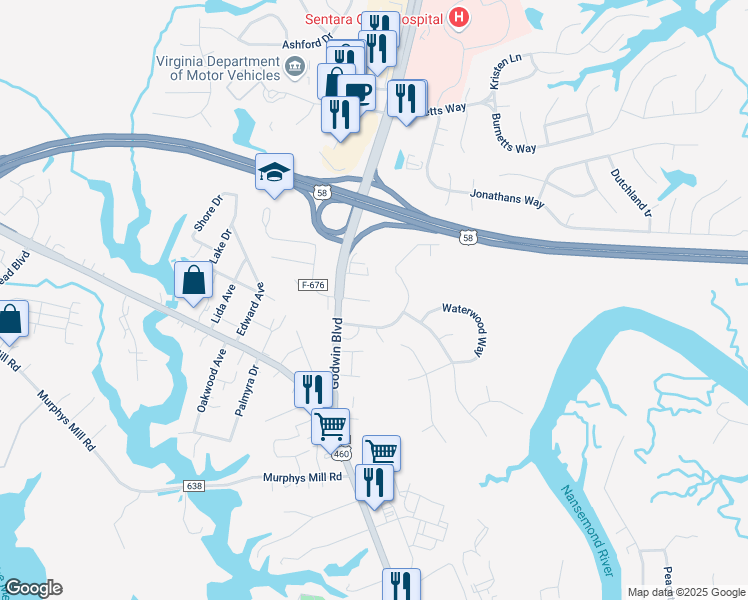 map of restaurants, bars, coffee shops, grocery stores, and more near 2424 Godwin Boulevard in Suffolk