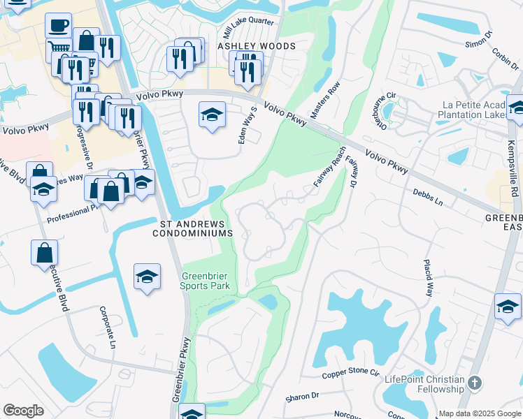 map of restaurants, bars, coffee shops, grocery stores, and more near 800 Shoal Creek Trail in Chesapeake
