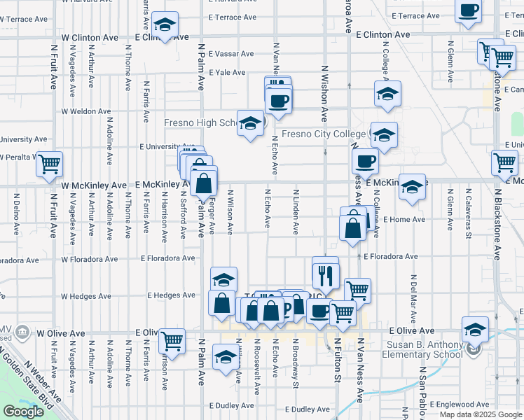 map of restaurants, bars, coffee shops, grocery stores, and more near 1515 North Echo Avenue in Fresno