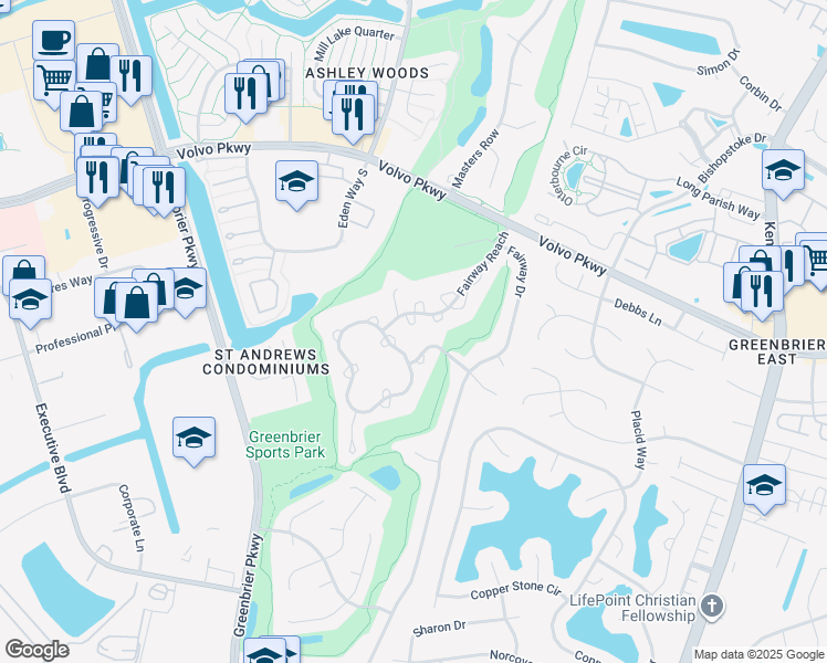 map of restaurants, bars, coffee shops, grocery stores, and more near 1309 Quail Creek Hollow in Chesapeake