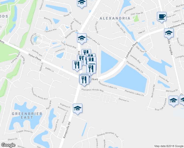 map of restaurants, bars, coffee shops, grocery stores, and more near 1400 Kempsville Road in Chesapeake