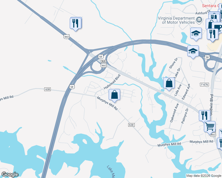 map of restaurants, bars, coffee shops, grocery stores, and more near 2575 Pruden Boulevard in Suffolk