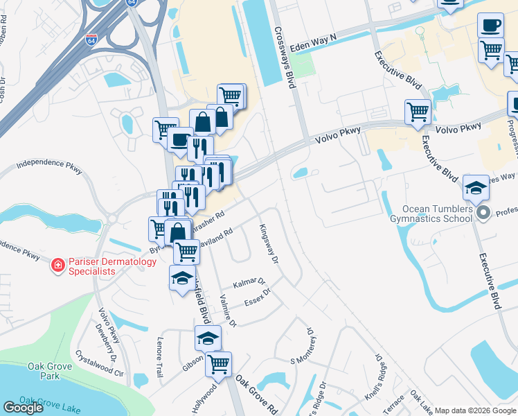 map of restaurants, bars, coffee shops, grocery stores, and more near 1301 Kingsway Drive in Chesapeake