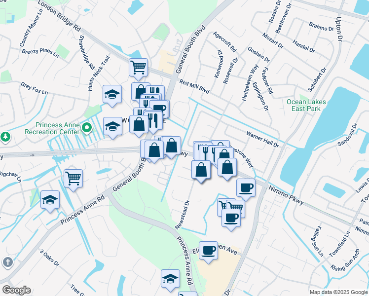 map of restaurants, bars, coffee shops, grocery stores, and more near 1284 Warner Hall Road in Virginia Beach