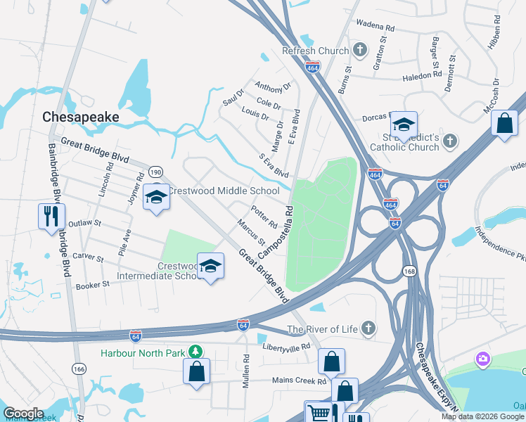 map of restaurants, bars, coffee shops, grocery stores, and more near 708 Potter Road in Chesapeake
