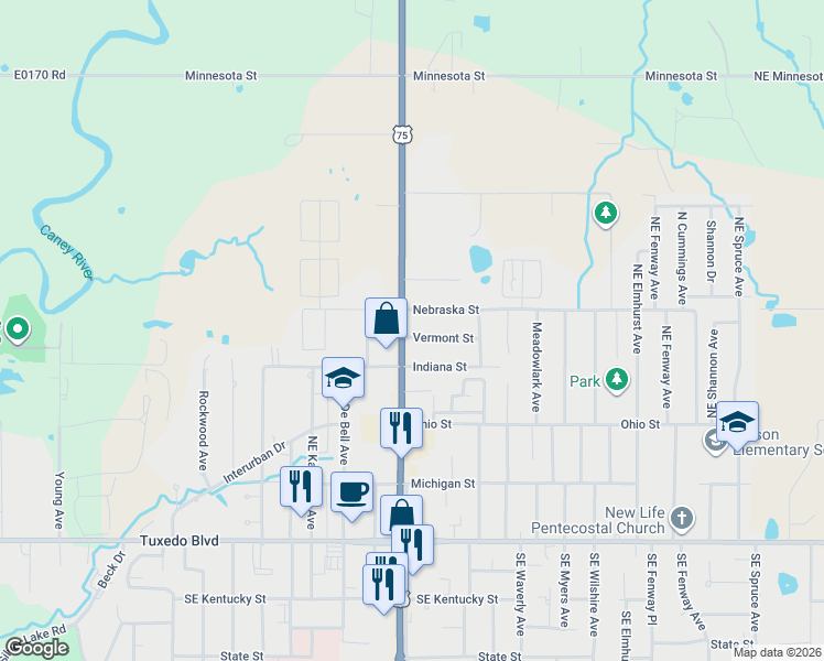 map of restaurants, bars, coffee shops, grocery stores, and more near 500 Northeast Washington Boulevard in Bartlesville