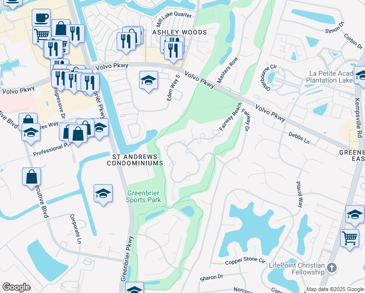 map of restaurants, bars, coffee shops, grocery stores, and more near 800 Shoal Creek Trail in Chesapeake