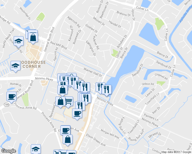 map of restaurants, bars, coffee shops, grocery stores, and more near 2204 Spring Run Court in Virginia Beach
