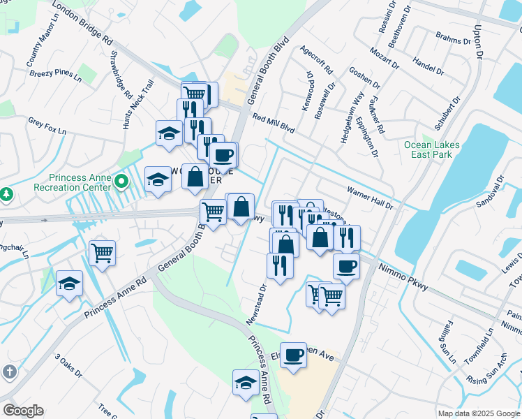 map of restaurants, bars, coffee shops, grocery stores, and more near 1284 Warner Hall Road in Virginia Beach