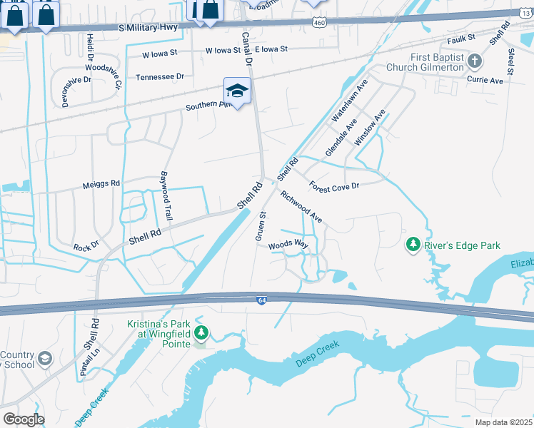 map of restaurants, bars, coffee shops, grocery stores, and more near 255 Gruen Street in Chesapeake