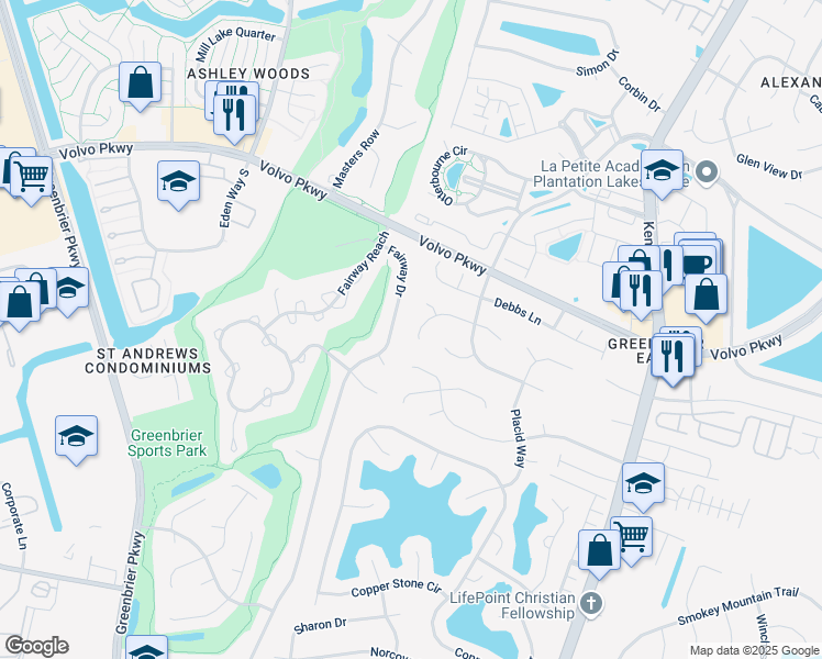 map of restaurants, bars, coffee shops, grocery stores, and more near 1304 Cambridge Way in Chesapeake