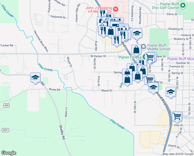 map of restaurants, bars, coffee shops, grocery stores, and more near 733 Price Street in Poplar Bluff