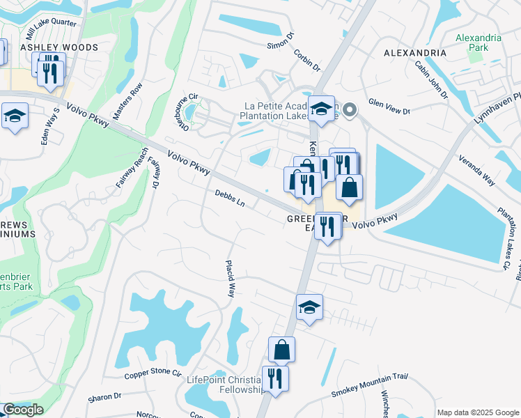 map of restaurants, bars, coffee shops, grocery stores, and more near 1503 Debbs Lane in Chesapeake
