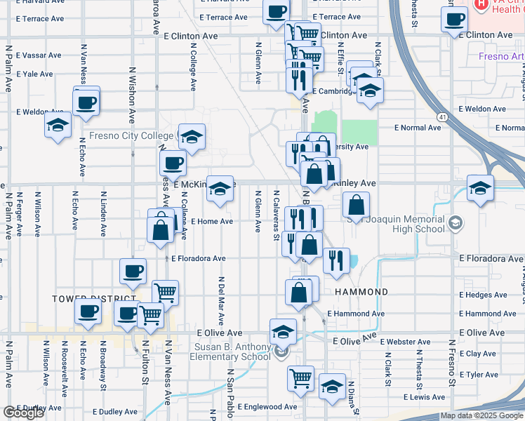 map of restaurants, bars, coffee shops, grocery stores, and more near 1524 North Glenn Avenue in Fresno