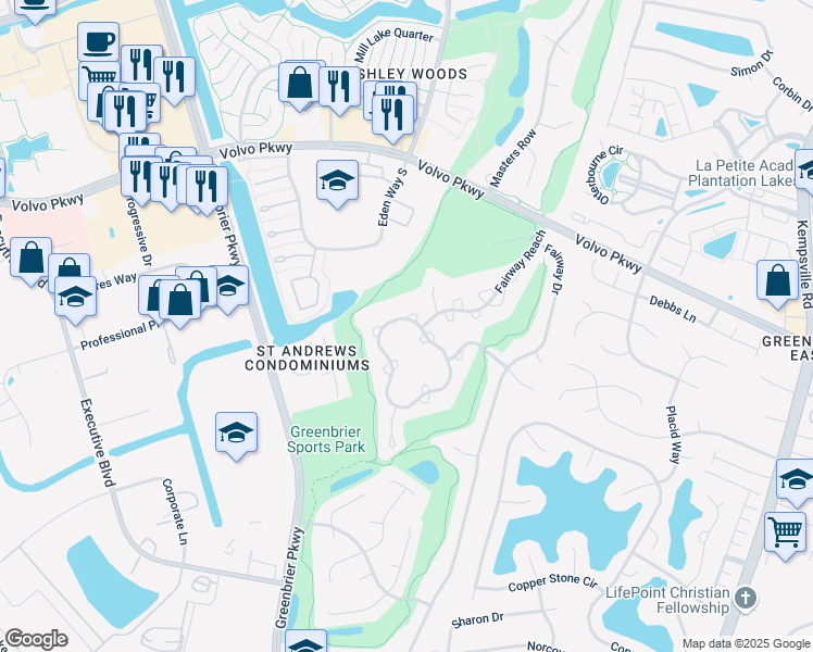 map of restaurants, bars, coffee shops, grocery stores, and more near 830 Shoal Creek Trail in Chesapeake