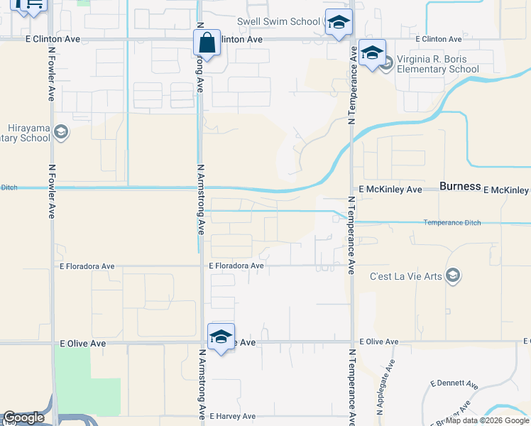 map of restaurants, bars, coffee shops, grocery stores, and more near 6672 East Floradora Avenue in Fresno