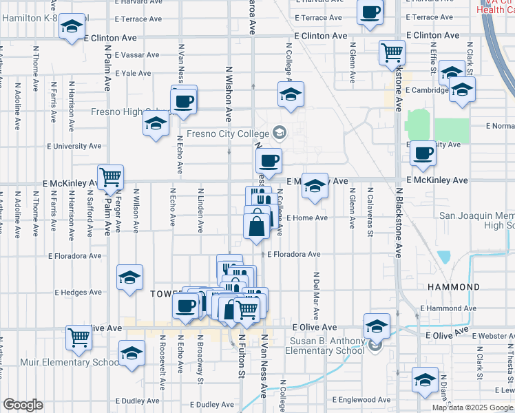 map of restaurants, bars, coffee shops, grocery stores, and more near 1511 North Van Ness Avenue in Fresno