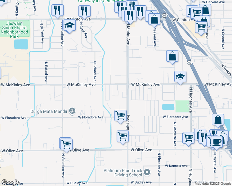 map of restaurants, bars, coffee shops, grocery stores, and more near 1725 North Marks Avenue in Fresno
