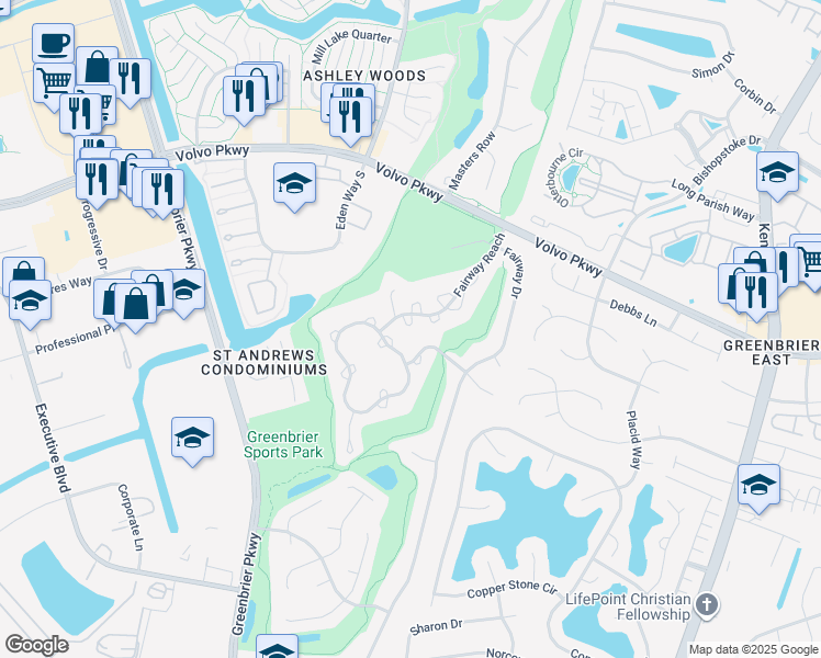 map of restaurants, bars, coffee shops, grocery stores, and more near 1309 Quail Creek Hollow in Chesapeake