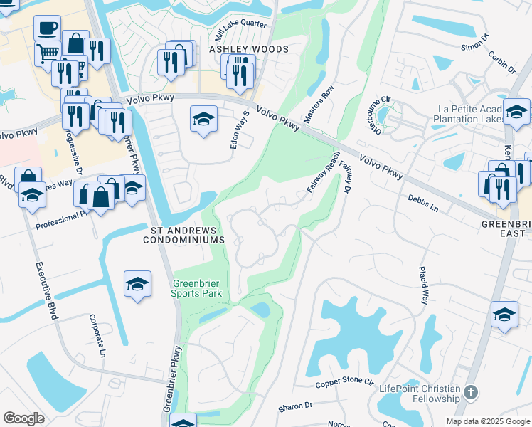 map of restaurants, bars, coffee shops, grocery stores, and more near 1309 Quail Creek Hollow in Chesapeake