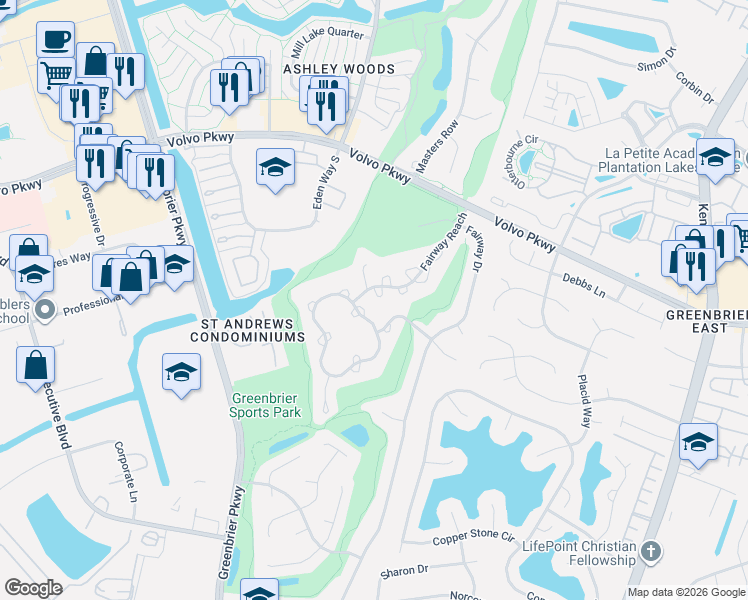map of restaurants, bars, coffee shops, grocery stores, and more near 1309 Quail Creek Hollow in Chesapeake