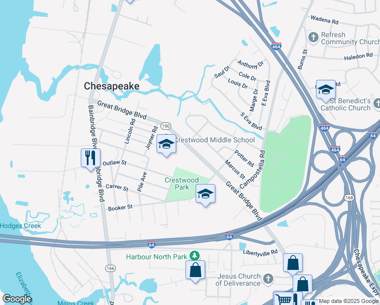 map of restaurants, bars, coffee shops, grocery stores, and more near 1348 Great Bridge Boulevard in Chesapeake