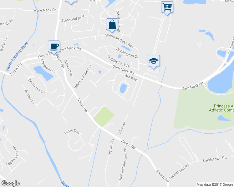 map of restaurants, bars, coffee shops, grocery stores, and more near Ava Way in Virginia Beach