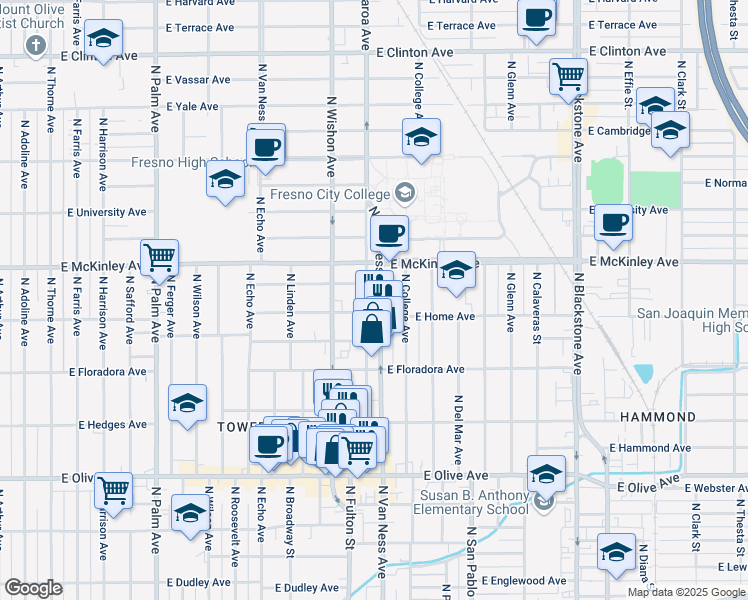 map of restaurants, bars, coffee shops, grocery stores, and more near 1527 North Van Ness Avenue in Fresno