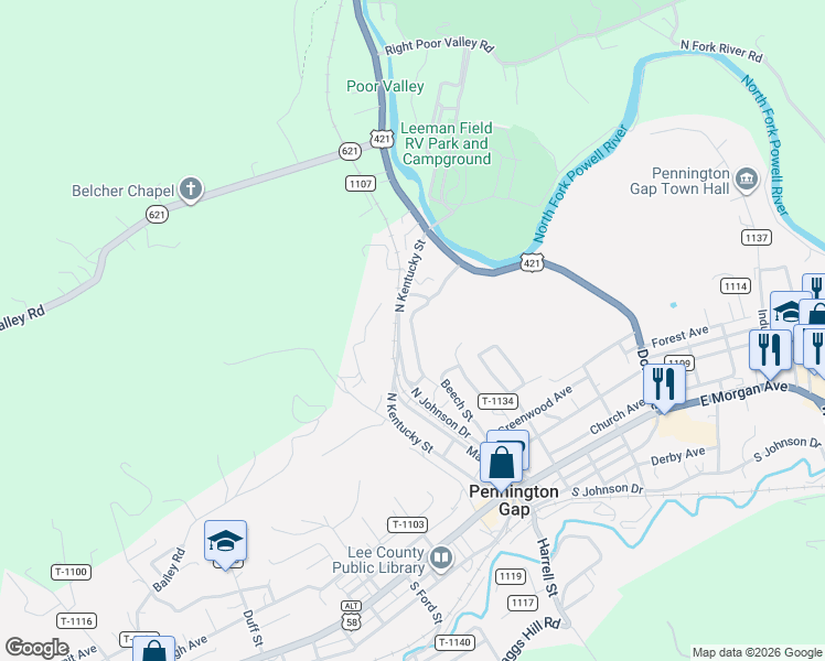 map of restaurants, bars, coffee shops, grocery stores, and more near 518 Cemetery Drive in Pennington Gap