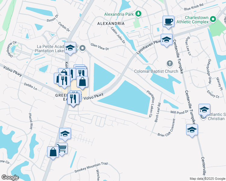 map of restaurants, bars, coffee shops, grocery stores, and more near 1815 Volvo Parkway in Chesapeake