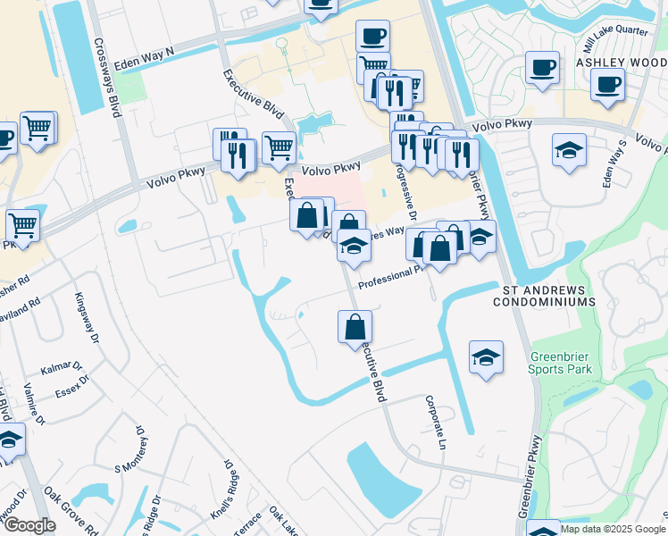 map of restaurants, bars, coffee shops, grocery stores, and more near 1222 Executive Boulevard in Chesapeake