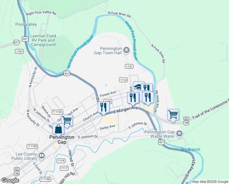 map of restaurants, bars, coffee shops, grocery stores, and more near State Road 1114 in Pennington Gap