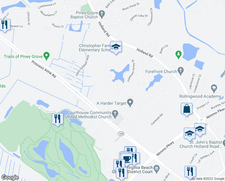 map of restaurants, bars, coffee shops, grocery stores, and more near 2724 Pleasant Acres Drive in Virginia Beach