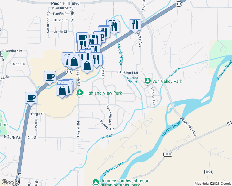 map of restaurants, bars, coffee shops, grocery stores, and more near 5301 Evans Street in Farmington